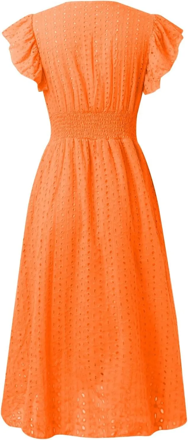 Women Summer Eyelet Dresses Ruffle Sleeve V Neck Loose Fit A Line Midi Dresses Hollow Out Flowy Vacation Casual Sundresses