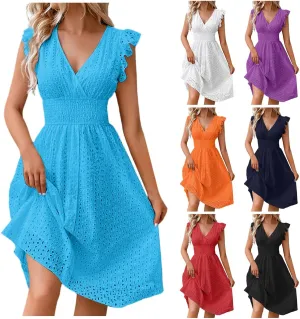 Women Summer Eyelet Dresses Ruffle Sleeve V Neck Loose Fit A Line Midi Dresses Hollow Out Flowy Vacation Casual Sundresses
