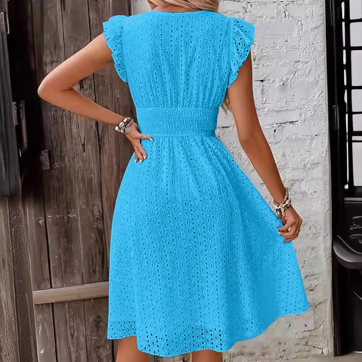 Women Summer Eyelet Dresses Ruffle Sleeve V Neck Loose Fit A Line Midi Dresses Hollow Out Flowy Vacation Casual Sundresses