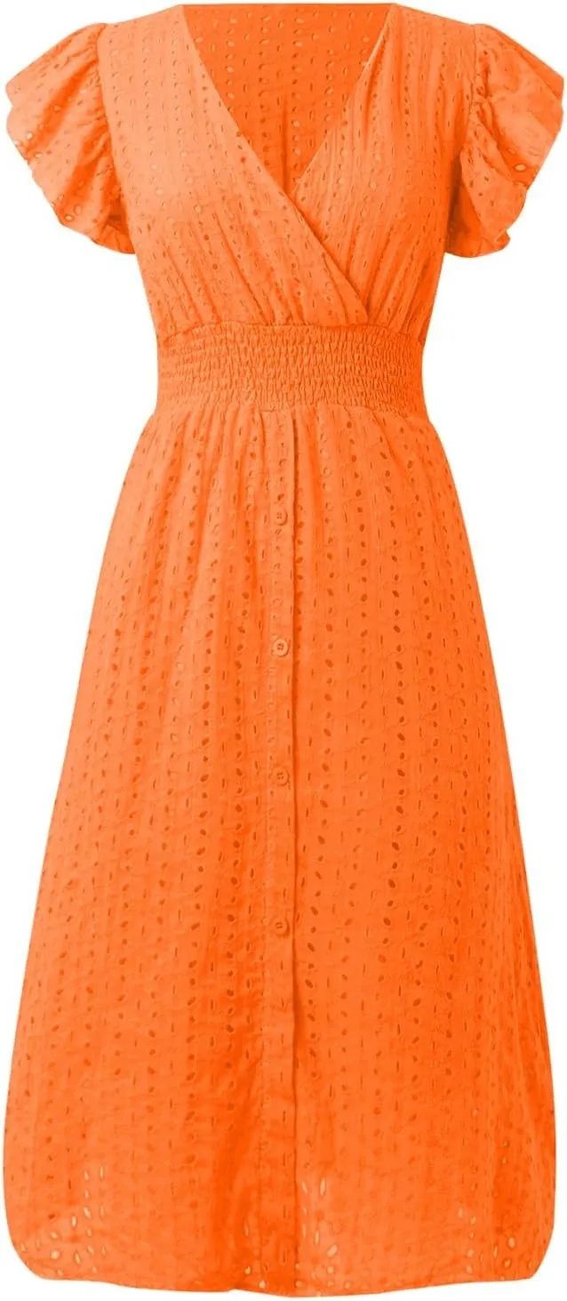 Women Summer Eyelet Dresses Ruffle Sleeve V Neck Loose Fit A Line Midi Dresses Hollow Out Flowy Vacation Casual Sundresses
