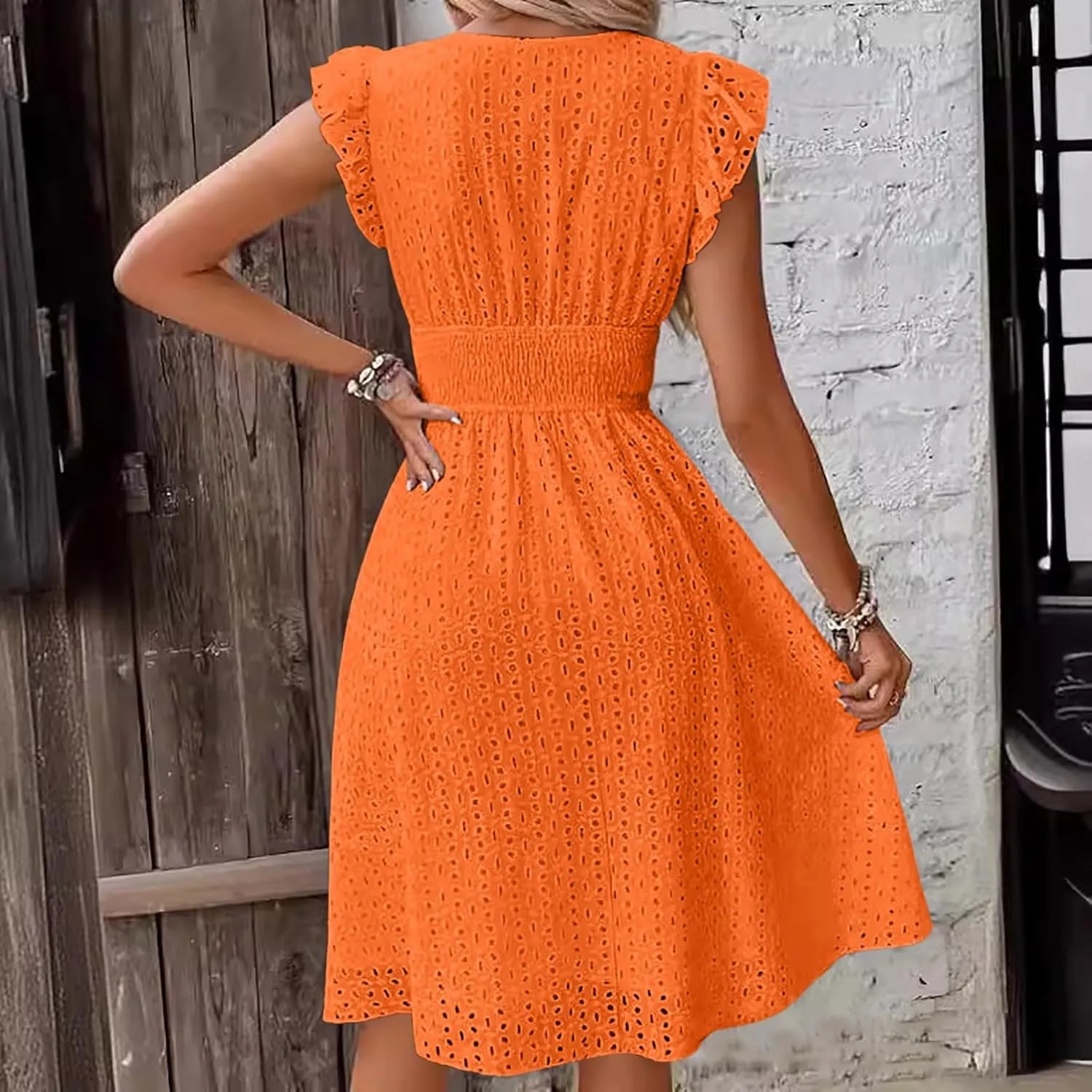 Women Summer Eyelet Dresses Ruffle Sleeve V Neck Loose Fit A Line Midi Dresses Hollow Out Flowy Vacation Casual Sundresses