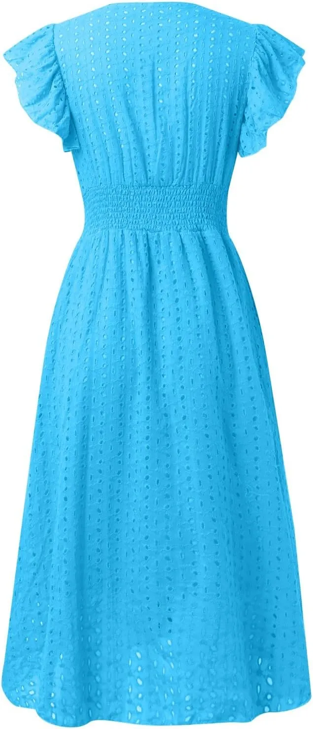 Women Summer Eyelet Dresses Ruffle Sleeve V Neck Loose Fit A Line Midi Dresses Hollow Out Flowy Vacation Casual Sundresses