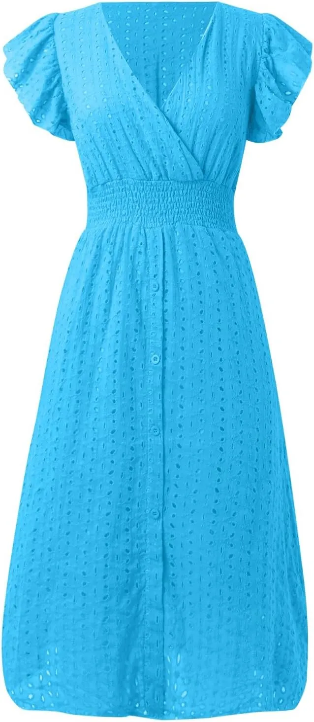 Women Summer Eyelet Dresses Ruffle Sleeve V Neck Loose Fit A Line Midi Dresses Hollow Out Flowy Vacation Casual Sundresses