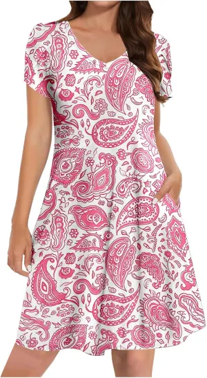 Women Summer Petal Sleeve Mini Dresses with Pockets Casual Aline Flowy V Neck T-Shirt Dress Solid Beach Sundress