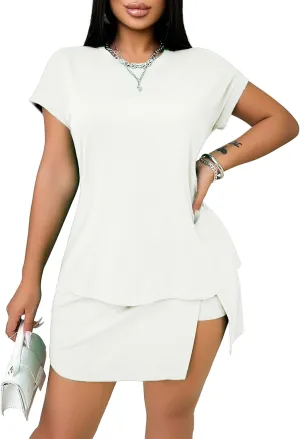Women Summer Two Piece Outfits Sweatsuits 2025 Casual Skirt Shorts Matching Sets Trendy Short Sleeve Clothing
