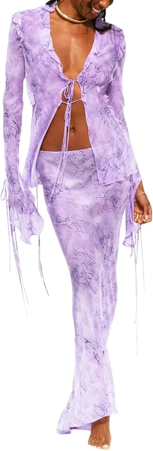 Women Summer Y2K 2 Piece Skirt Outfits Sexy Lace Crop Tube Tops and Bodycon Maxi Skirt Set Rock Sets Streetwear