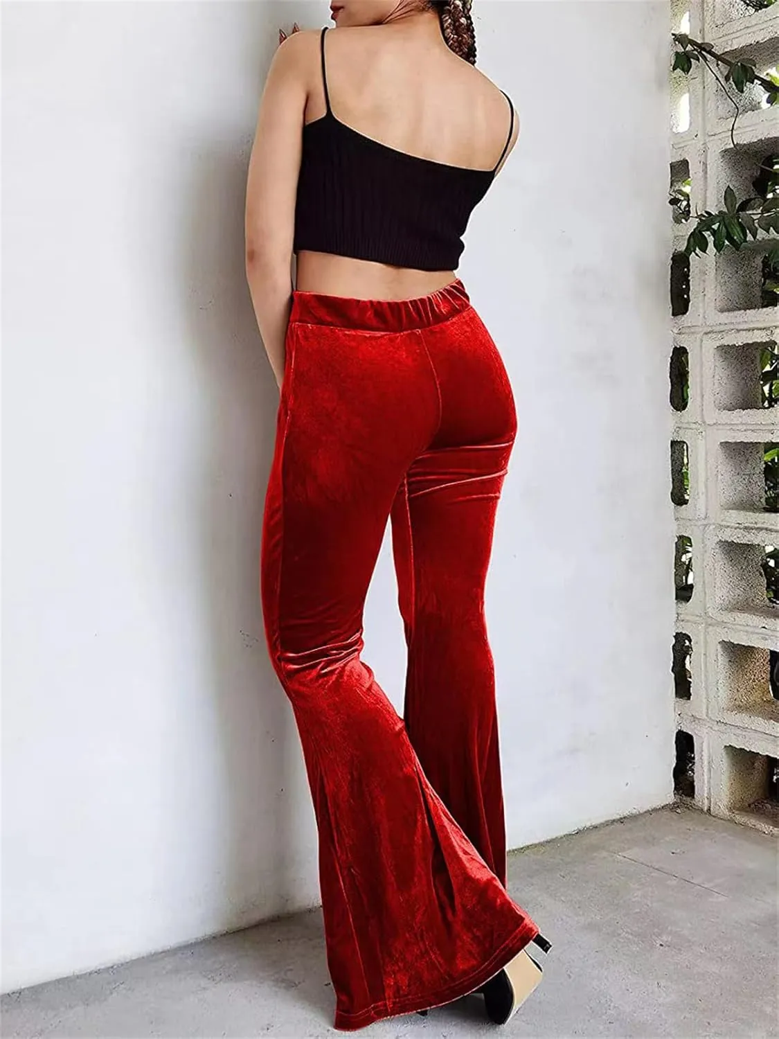 Women Velvet Flare Pants Sexy Skinny High Waist Bootcut Bell-Bottom Trousers Solid Color Slim Fit Lounge Streetwear