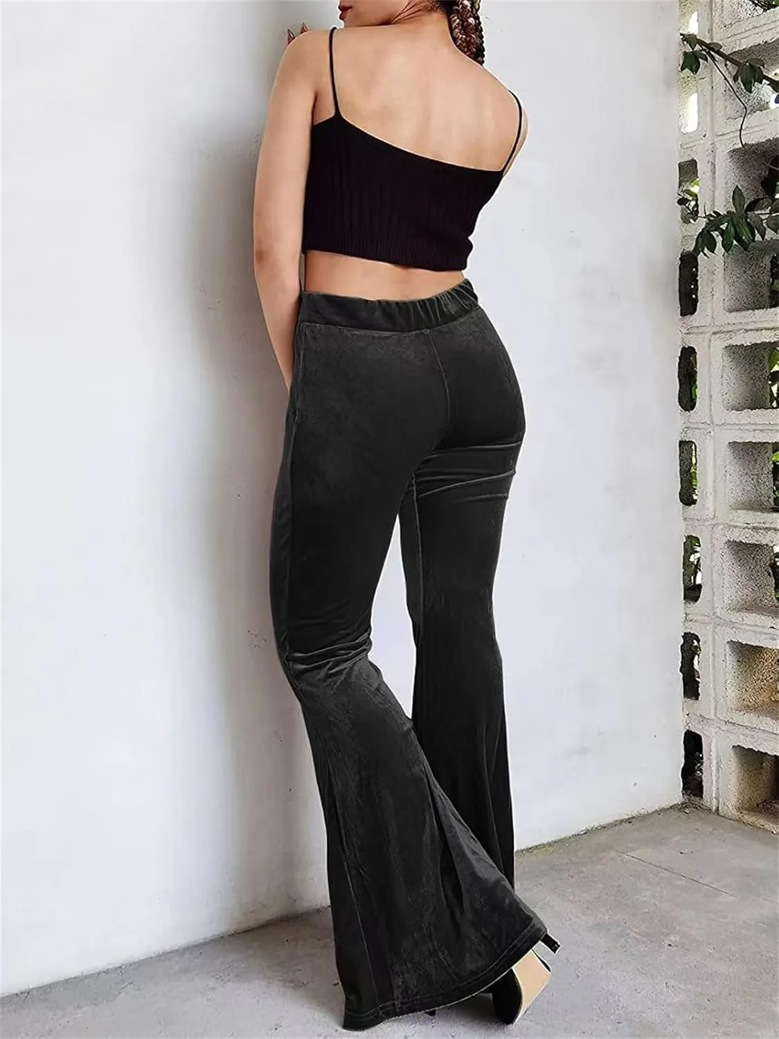 Women Velvet Flare Pants Sexy Skinny High Waist Bootcut Bell-Bottom Trousers Solid Color Slim Fit Lounge Streetwear