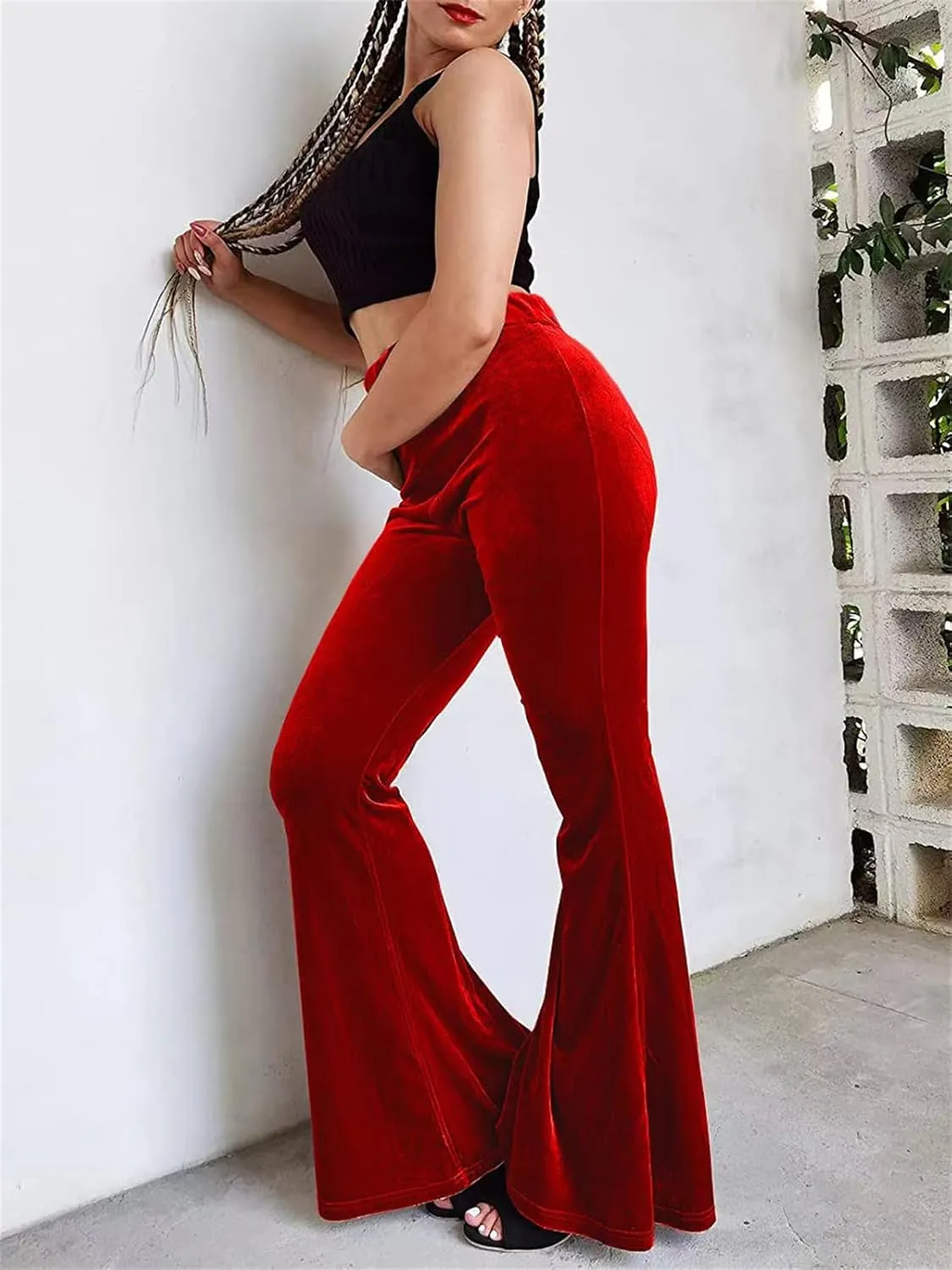 Women Velvet Flare Pants Sexy Skinny High Waist Bootcut Bell-Bottom Trousers Solid Color Slim Fit Lounge Streetwear