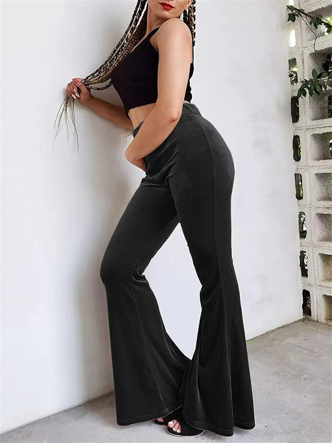Women Velvet Flare Pants Sexy Skinny High Waist Bootcut Bell-Bottom Trousers Solid Color Slim Fit Lounge Streetwear