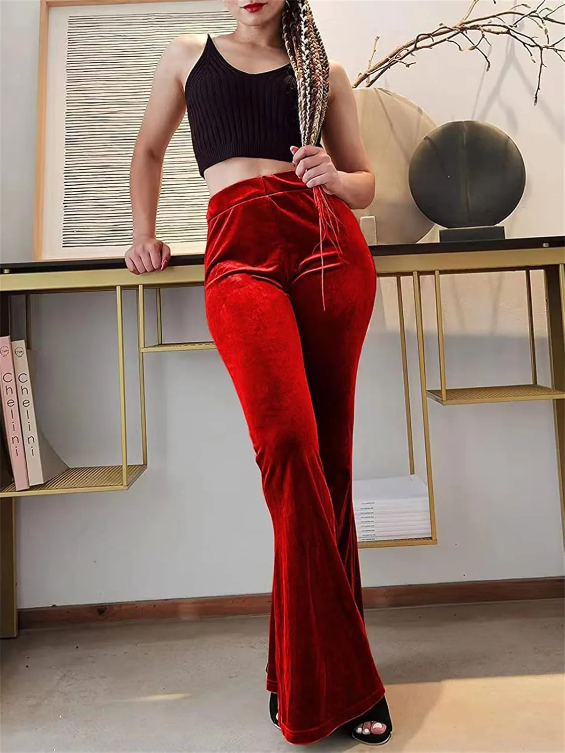 Women Velvet Flare Pants Sexy Skinny High Waist Bootcut Bell-Bottom Trousers Solid Color Slim Fit Lounge Streetwear