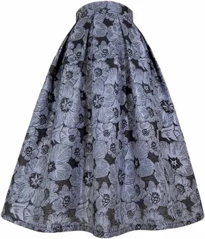 Women Vintage Elegant Black Gray Floral Embroidery High Waist Long Pleated Midi Skirt