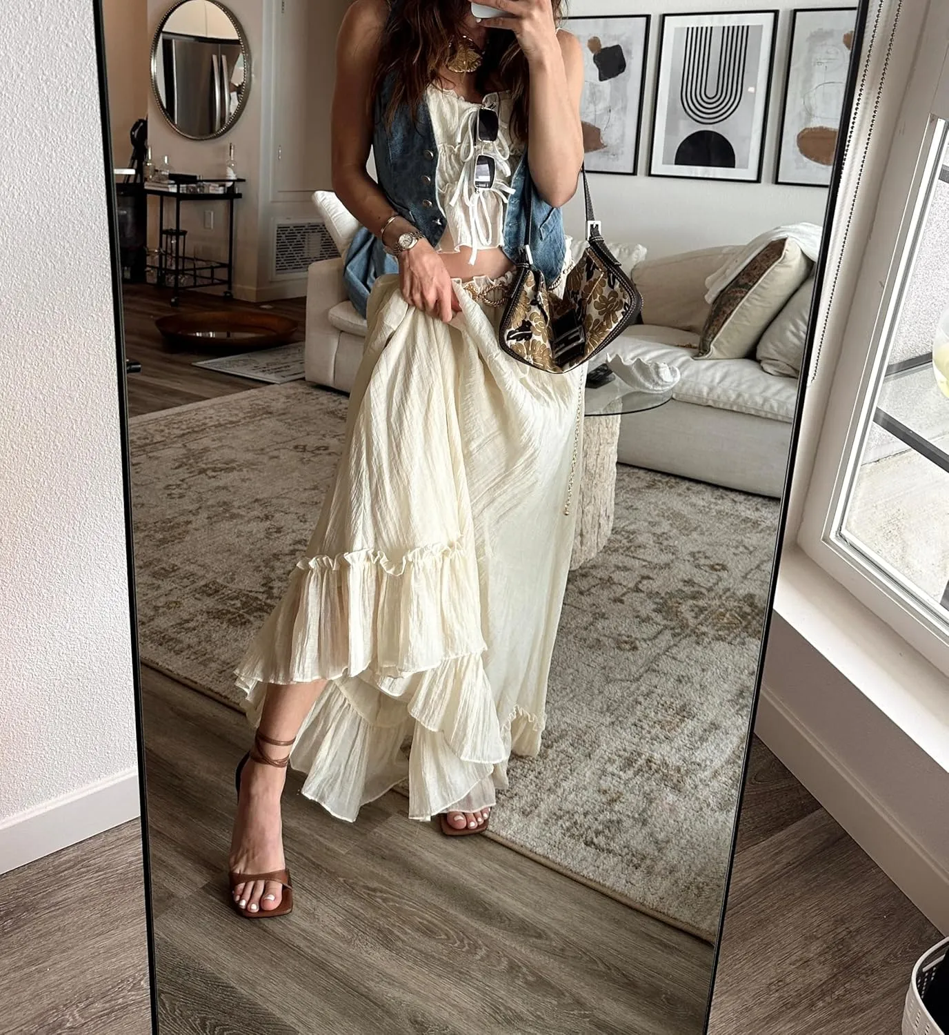 Women Y2k 2 Piece Skirt Sets Tie Front Cami Top and Ruffle Flowy Maxi Skirt Set Vacation Beachwear Outfits