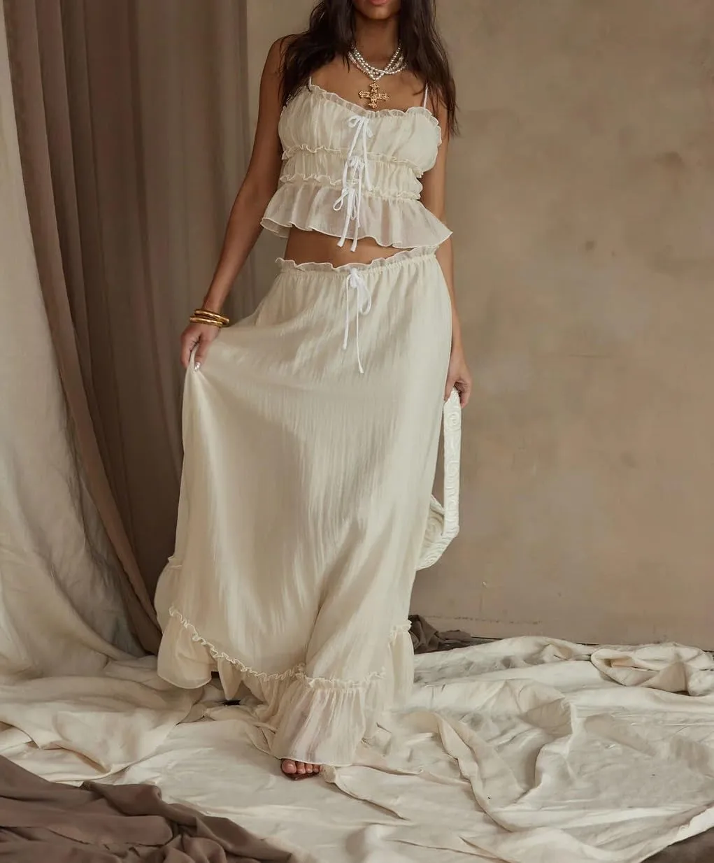 Women Y2k 2 Piece Skirt Sets Tie Front Cami Top and Ruffle Flowy Maxi Skirt Set Vacation Beachwear Outfits