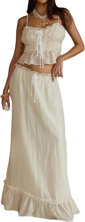 Women Y2k 2 Piece Skirt Sets Tie Front Cami Top and Ruffle Flowy Maxi Skirt Set Vacation Beachwear Outfits
