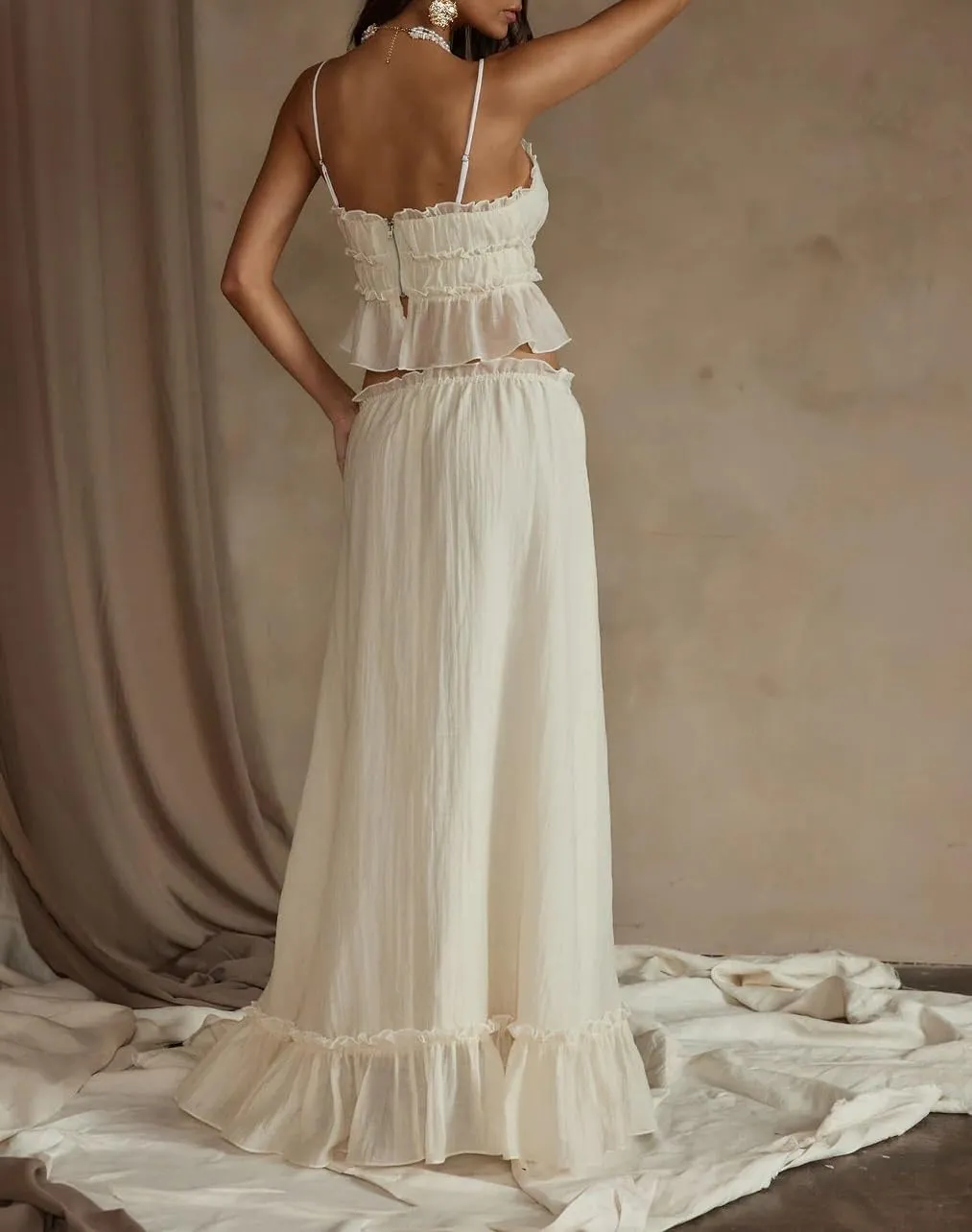 Women Y2k 2 Piece Skirt Sets Tie Front Cami Top and Ruffle Flowy Maxi Skirt Set Vacation Beachwear Outfits