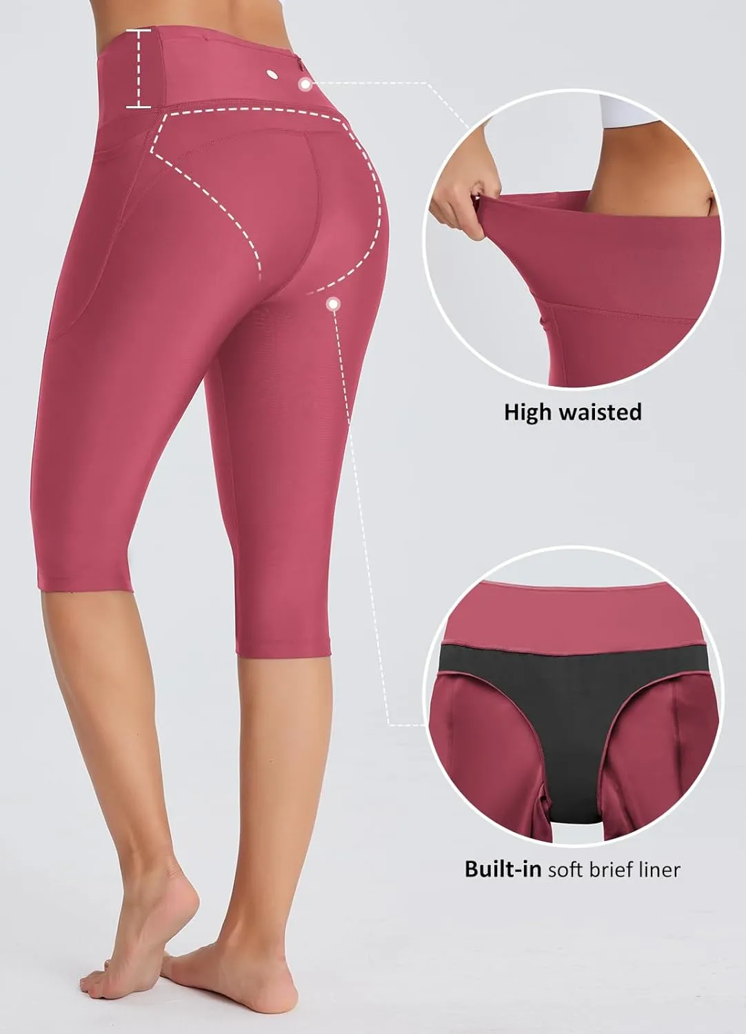 Women's 14" Plus Size Knee Length Tankini Swim Shorts High Waisted Capri Leggings Swimsuits with Liner UPF50 