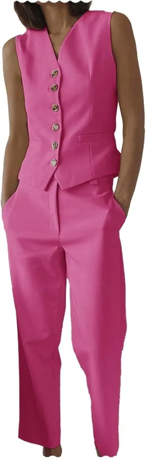 Women's 2 Piece Pant Suit V Neck Waistcoat Slim Fit Vest Summer Set