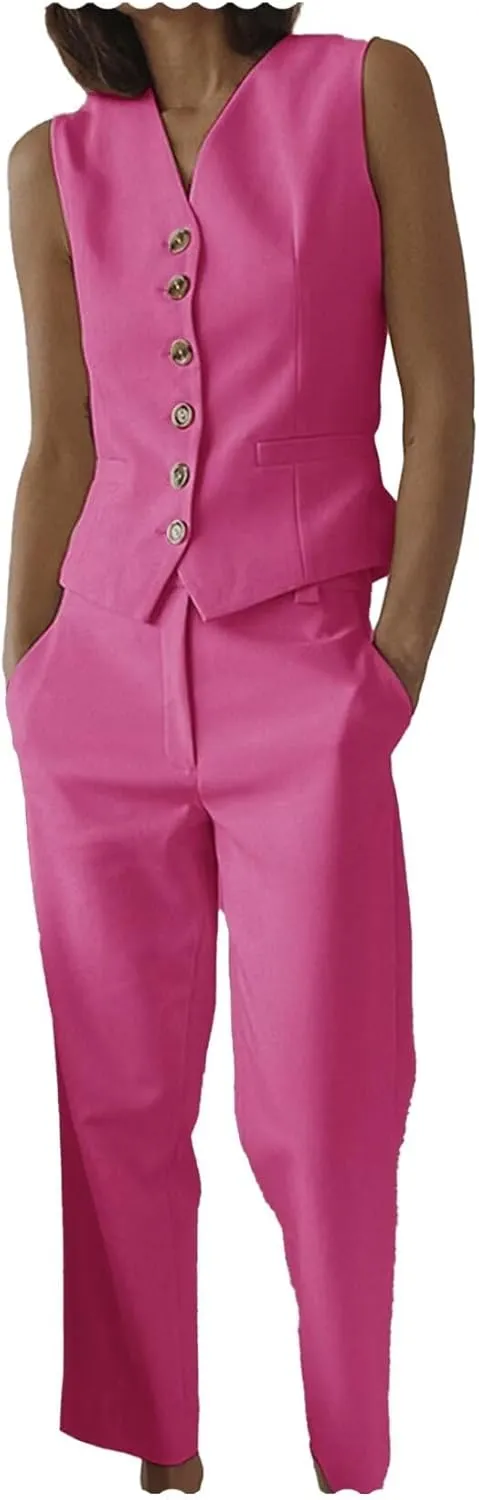 Women's 2 Piece Pant Suit V Neck Waistcoat Slim Fit Vest Summer Set