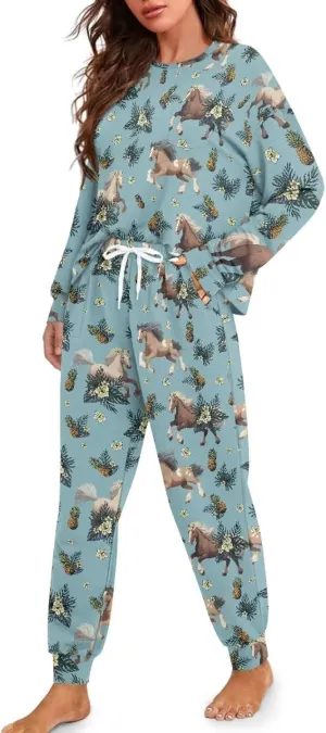 Women's 2 Piece Printed Pajama Set Long Sleeve Sleepwear Set with Long Pants Casual Lounge Sets with Pocket