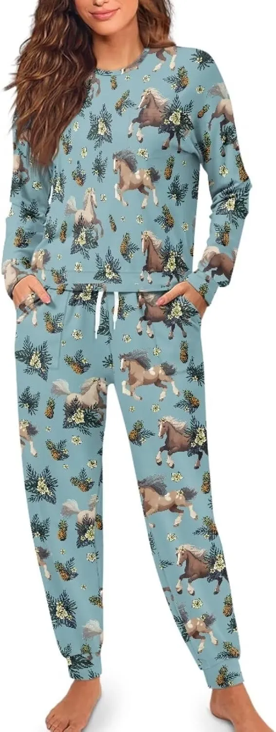 Women's 2 Piece Printed Pajama Set Long Sleeve Sleepwear Set with Long Pants Casual Lounge Sets with Pocket