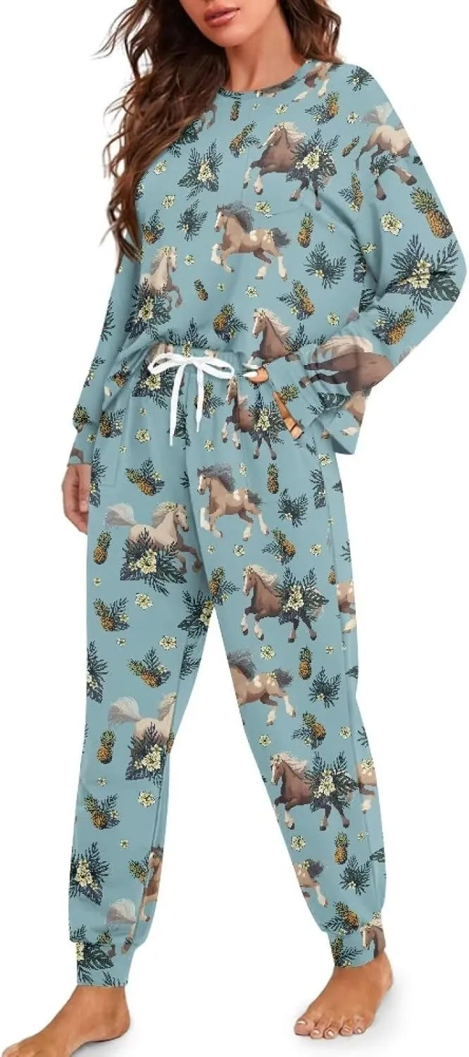 Women's 2 Piece Printed Pajama Set Long Sleeve Sleepwear Set with Long Pants Casual Lounge Sets with Pocket