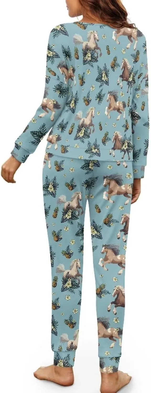 Women's 2 Piece Printed Pajama Set Long Sleeve Sleepwear Set with Long Pants Casual Lounge Sets with Pocket