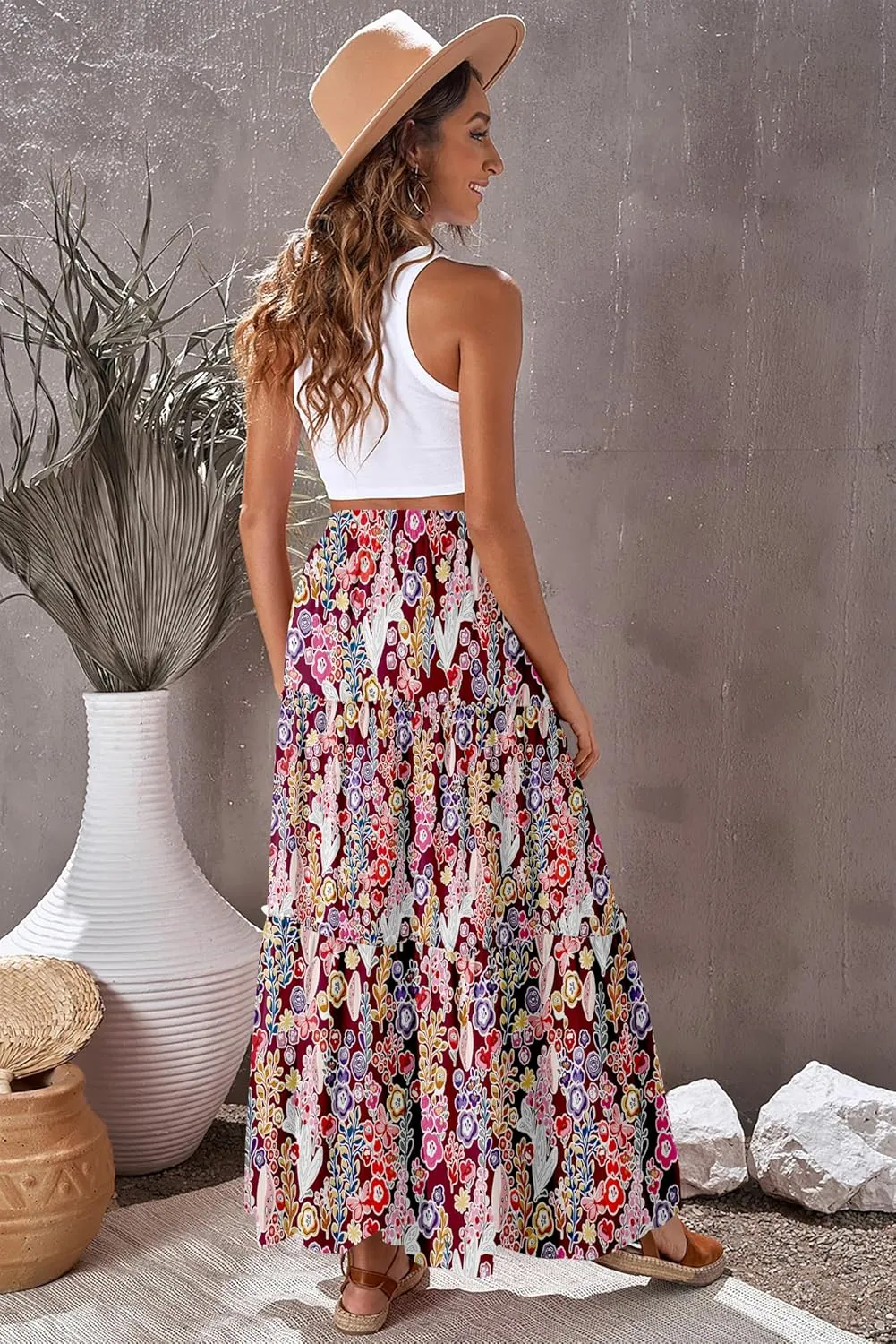 Women's 2024 Summer Skirt High Waist Flowy A Line Boho Skirt Maxi Skirt with Pockets
