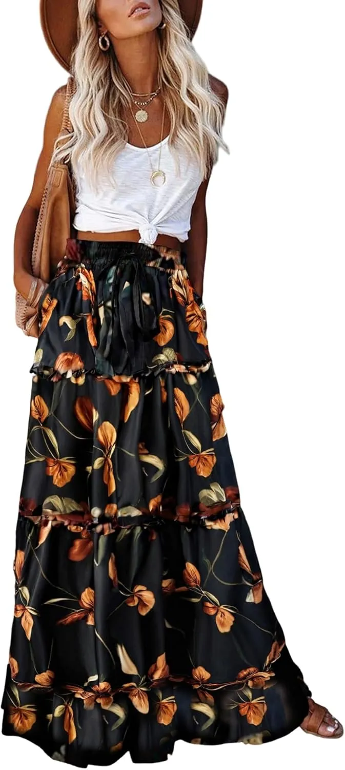 Women's 2024 Summer Skirt High Waist Flowy A Line Boho Skirt Maxi Skirt with Pockets
