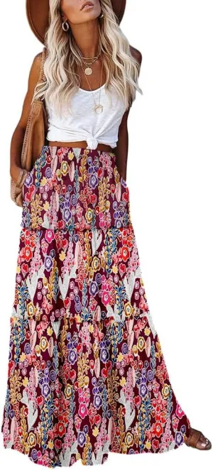 Women's 2024 Summer Skirt High Waist Flowy A Line Boho Skirt Maxi Skirt with Pockets