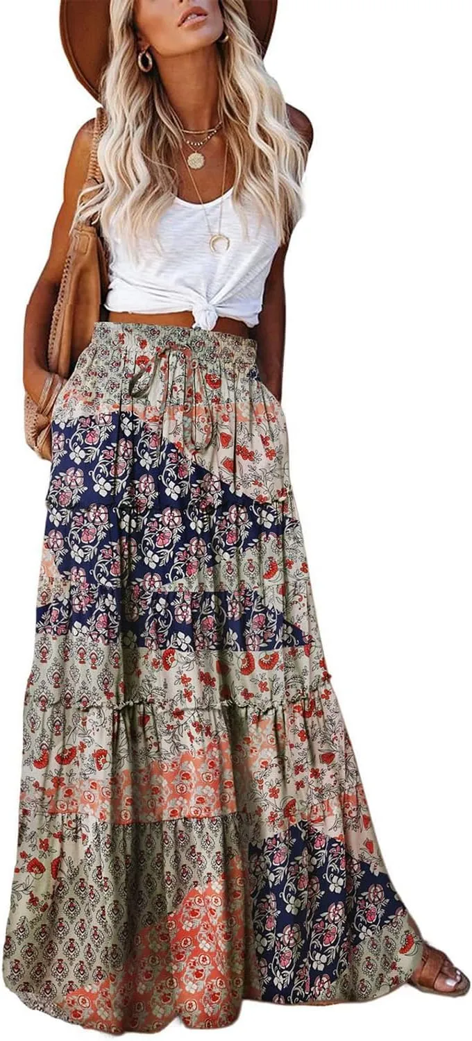 Women's 2024 Summer Skirt High Waist Flowy A Line Boho Skirt Maxi Skirt with Pockets