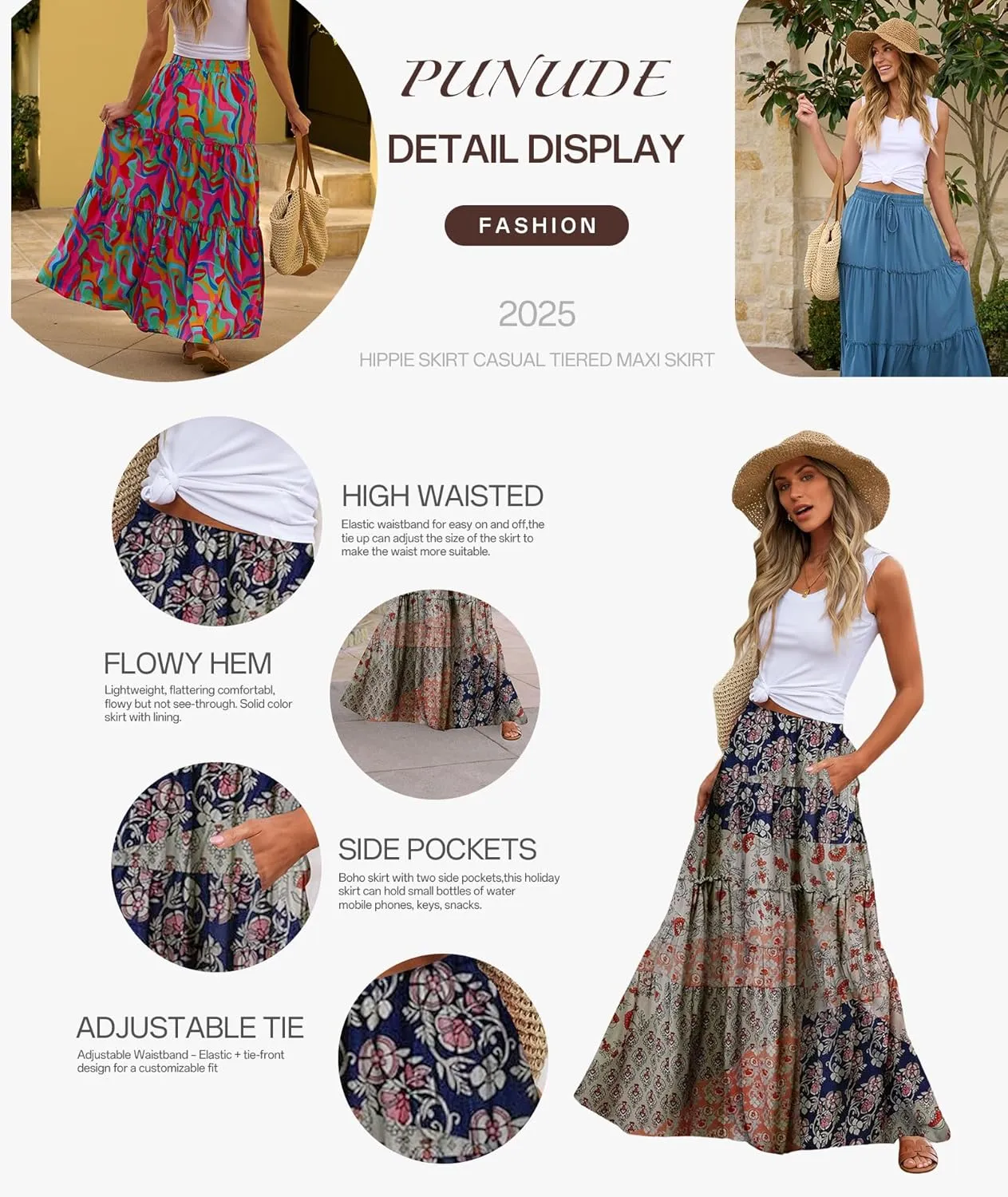 Women's 2024 Summer Skirt High Waist Flowy A Line Boho Skirt Maxi Skirt with Pockets