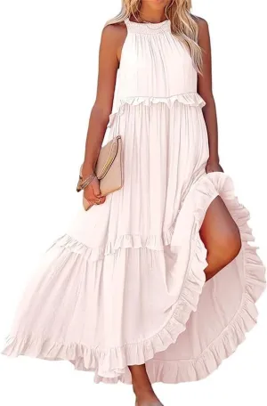 Women's 2024 Summer Sleeveless Halter Maxi Maxi Dress Casual Floral Tiered Flowy Long Sundress Boho Beach Dresses