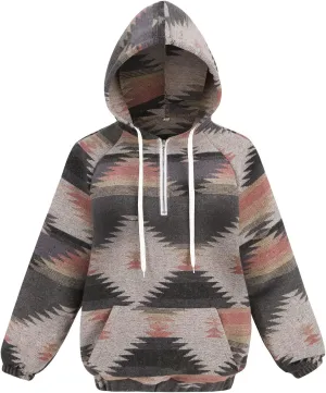 Women's Aztec Print Pattern Western Ethnic Half Zip Long Sleeve Pullover Hoodie Sweatshirt