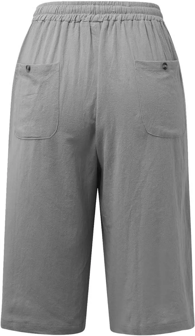 Womens Bermuda Shorts Solid Color Linen Casual Side Lace Summer Drawstring Pants with Pocket for Beach Vacations