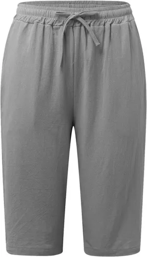 Womens Bermuda Shorts Solid Color Linen Casual Side Lace Summer Drawstring Pants with Pocket for Beach Vacations