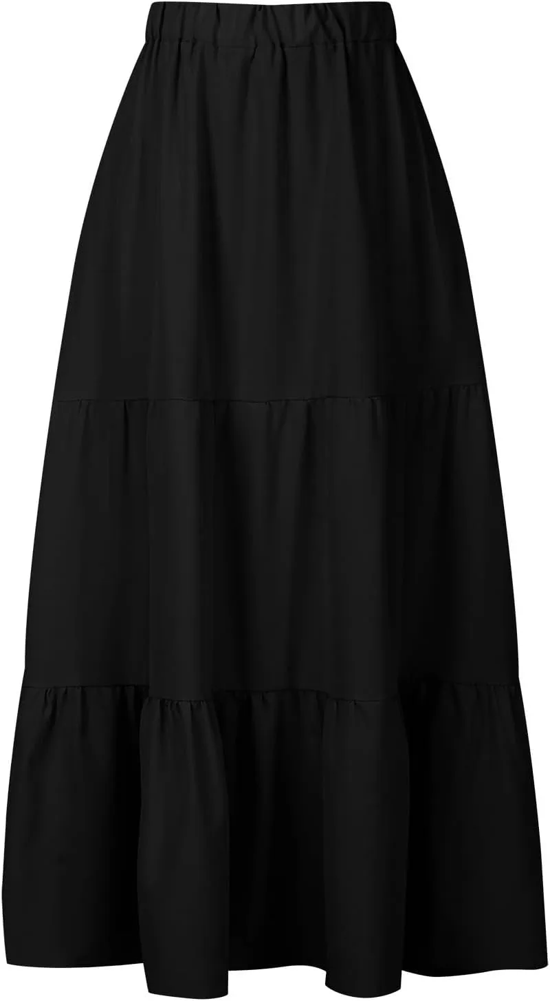 Women's Boho Elastic High Waist Pleated A-Line Flowy Swing Asymmetric Tiered Maxi Long Skirt Dress with Pockets