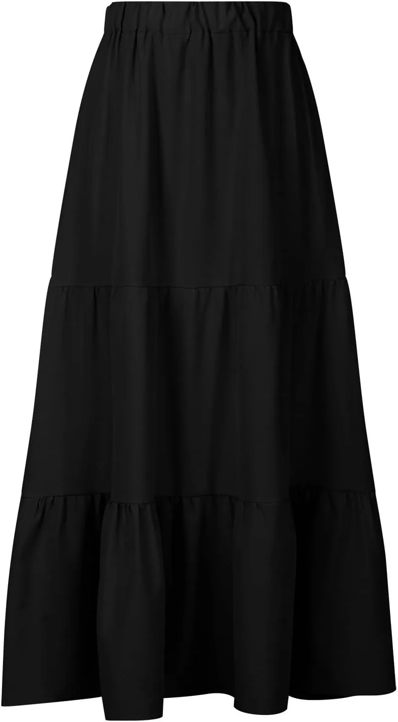 Women's Boho Elastic High Waist Pleated A-Line Flowy Swing Asymmetric Tiered Maxi Long Skirt Dress with Pockets