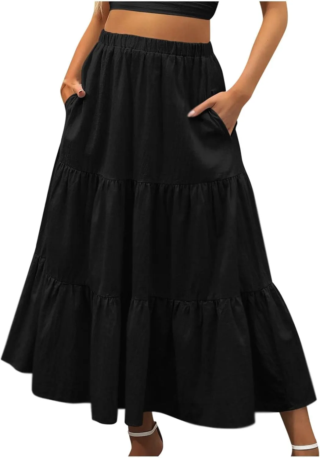 Women's Boho Elastic High Waist Pleated A-Line Flowy Swing Asymmetric Tiered Maxi Long Skirt Dress with Pockets