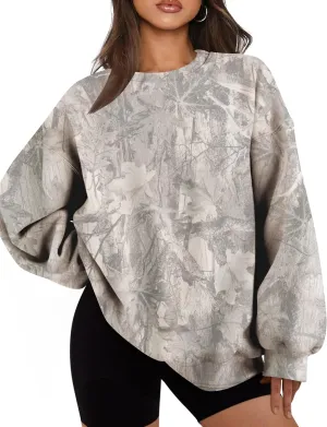 Womens Camo Sweatshirt Oversized Graphic Maple Leaf Print Crewneck Long Sleeve Y2k Trendy Fall Pullover Hoodies