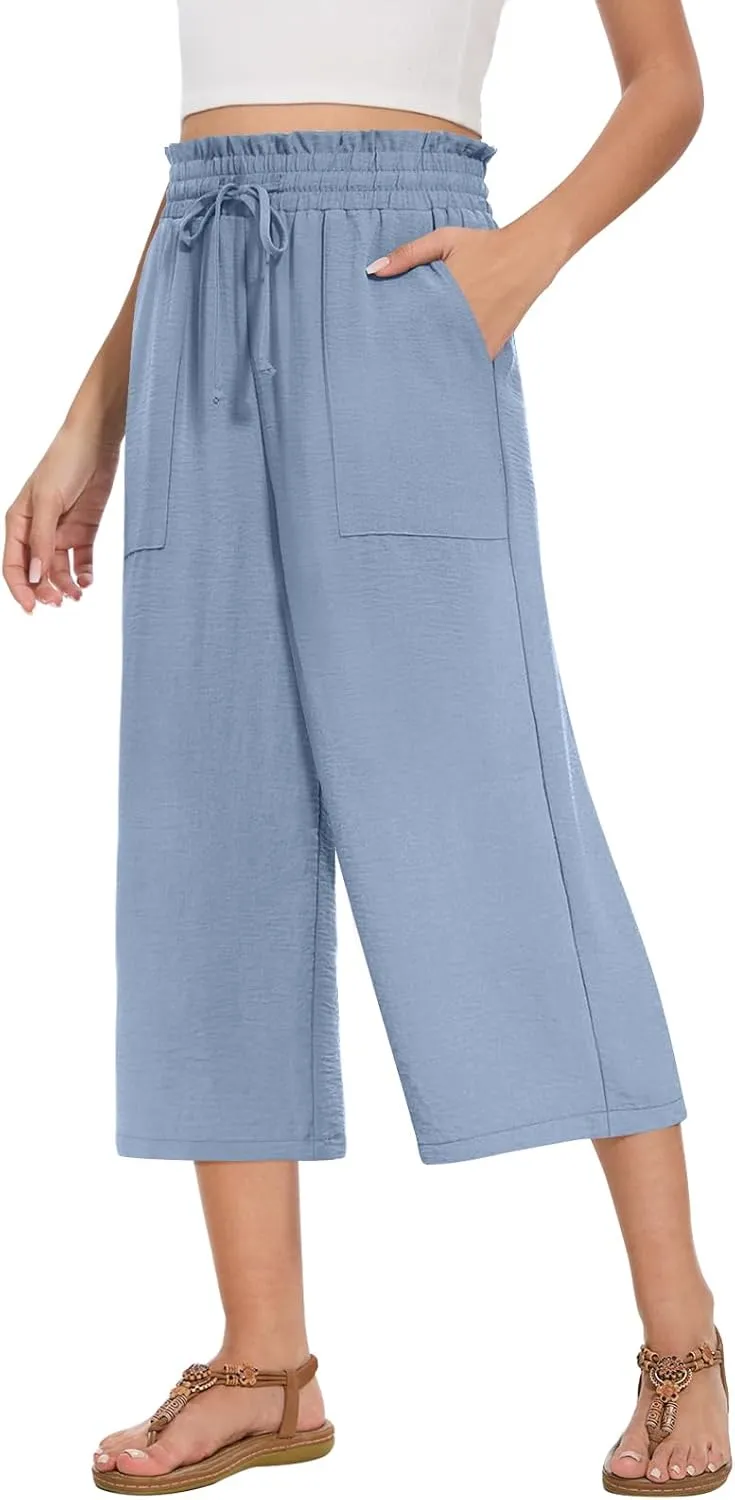 Womens Capri Pants Summer Wide Leg High Waisted Pants Drawstring Casual Trousers with Pockets