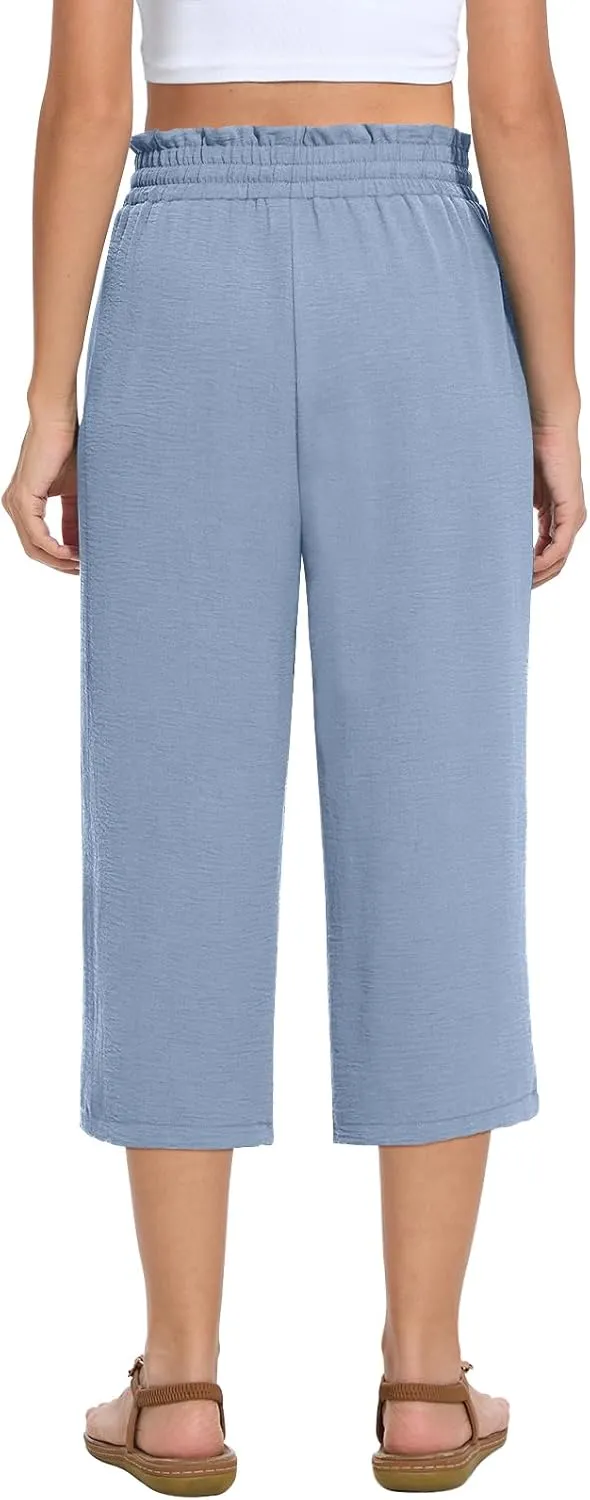 Womens Capri Pants Summer Wide Leg High Waisted Pants Drawstring Casual Trousers with Pockets