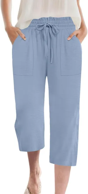 Womens Capri Pants Summer Wide Leg High Waisted Pants Drawstring Casual Trousers with Pockets