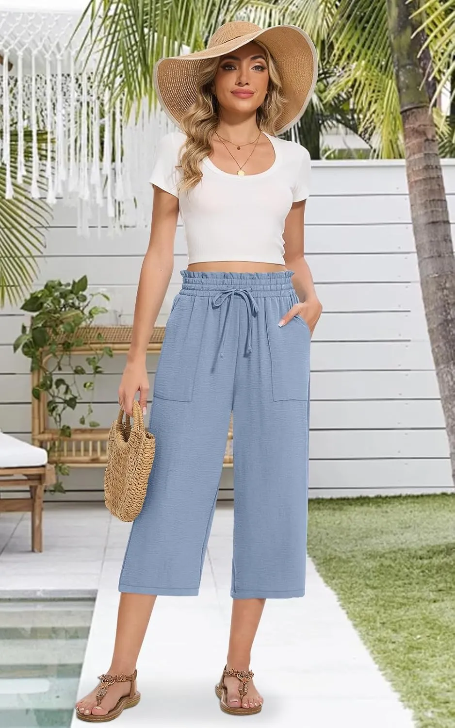 Womens Capri Pants Summer Wide Leg High Waisted Pants Drawstring Casual Trousers with Pockets