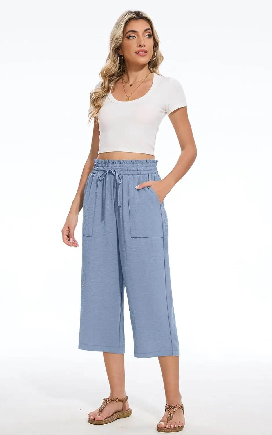 Womens Capri Pants Summer Wide Leg High Waisted Pants Drawstring Casual Trousers with Pockets