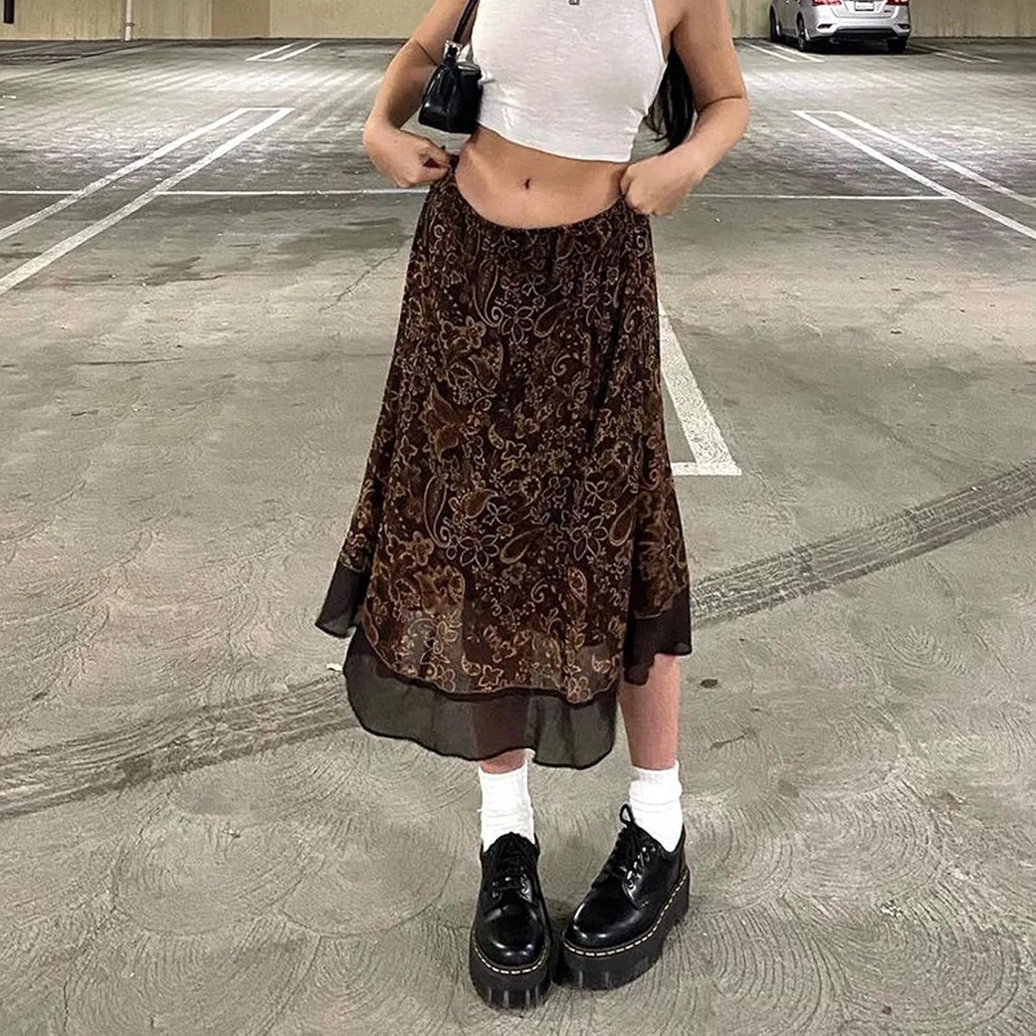 Women's Casual High Waist Boho Printed Side Split A-Line Midi Skirt Leopard Half-Length Maxi Swing Skirt
