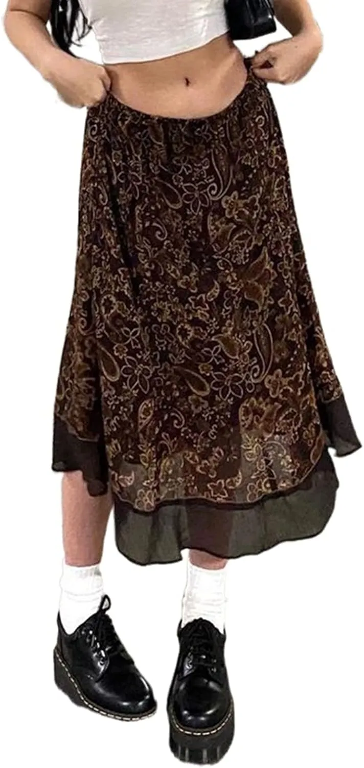 Women's Casual High Waist Boho Printed Side Split A-Line Midi Skirt Leopard Half-Length Maxi Swing Skirt