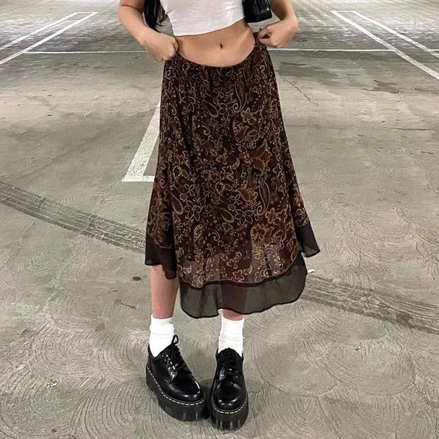 Women's Casual High Waist Boho Printed Side Split A-Line Midi Skirt Leopard Half-Length Maxi Swing Skirt