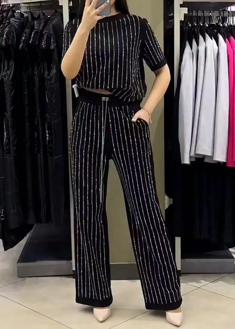 Women's Casual Solid Color Round Neck Hot Diamond Short Sleeve 2-Piece Suit, Elegant Sparkly Tops Wide-Leg Pants Set