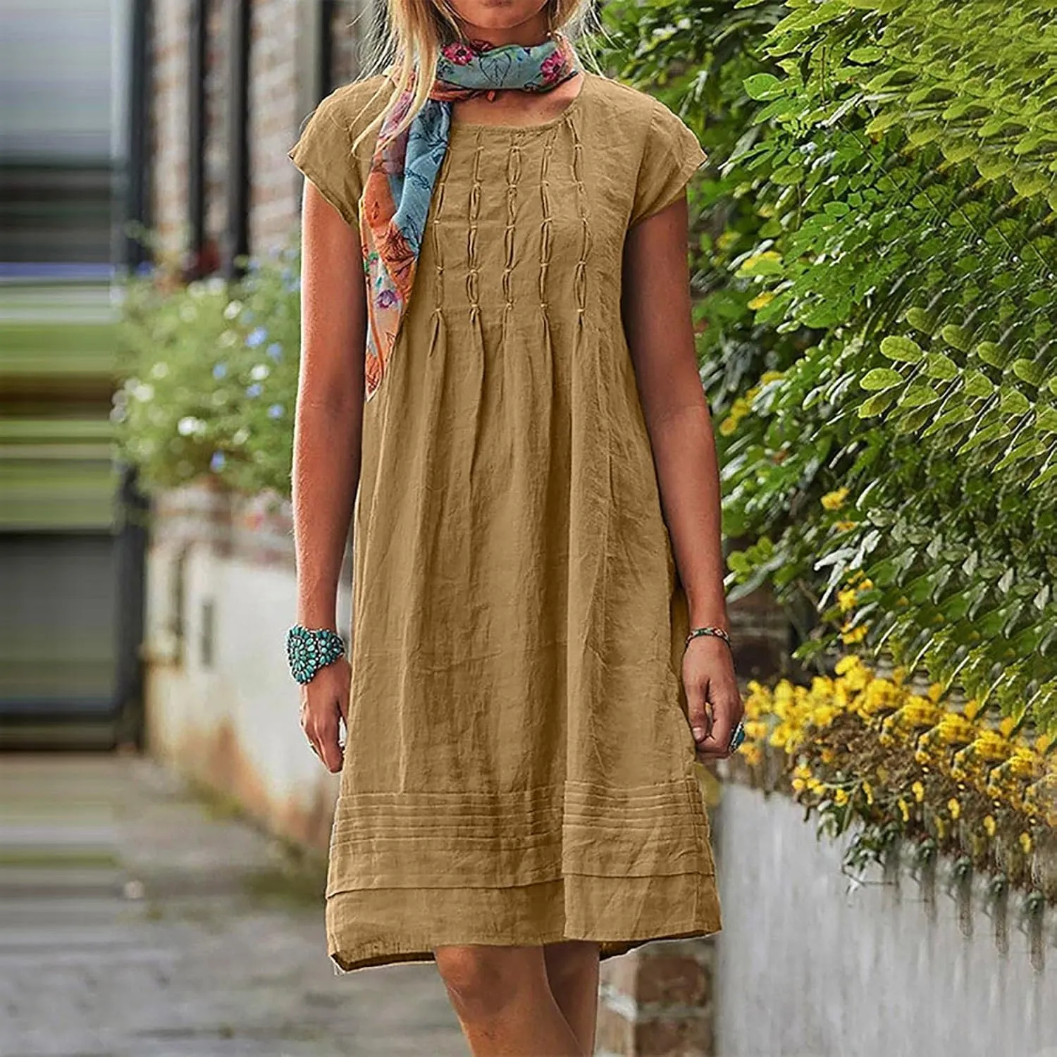 Womens Casual Summer T Shirt Dress Loose Cap Sleeve Pleated Tunic Dress Plus Size Cotton Linen Dress for Women Midi